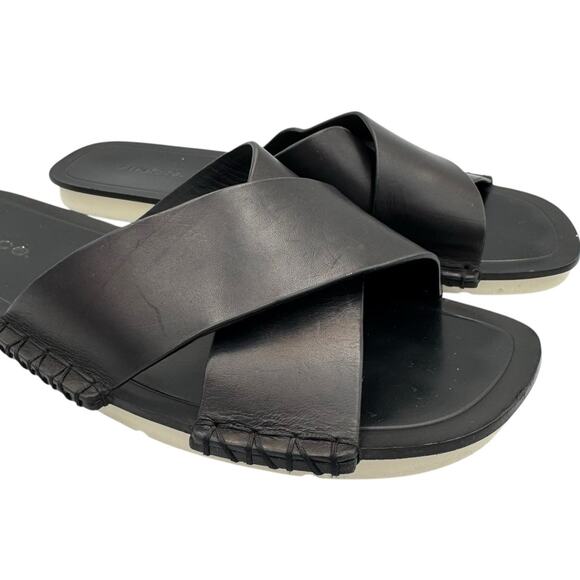Vince Nico Black Leather Exposed Stitching Straps Open Toe Slip On Flat Sandals - Picture 7 of 9
